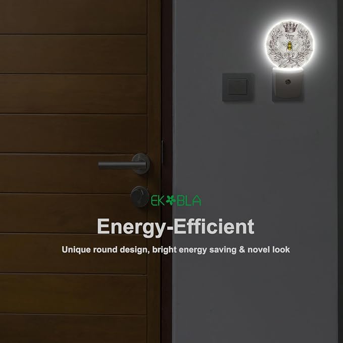 EKOBLA Queen Bee Night Light, Bee Theme Round Night Lights Plug Into Wall with Auto Sensor, Dusk to Dawn Lighting for Bedroom, Hallway and Kitchen