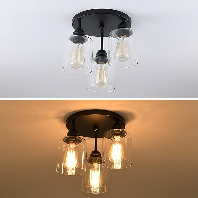 3-Lights Industrial Semi Flush Mount Ceiling Light, Vintage Light Fixture with Clear Seeded Glass Shade