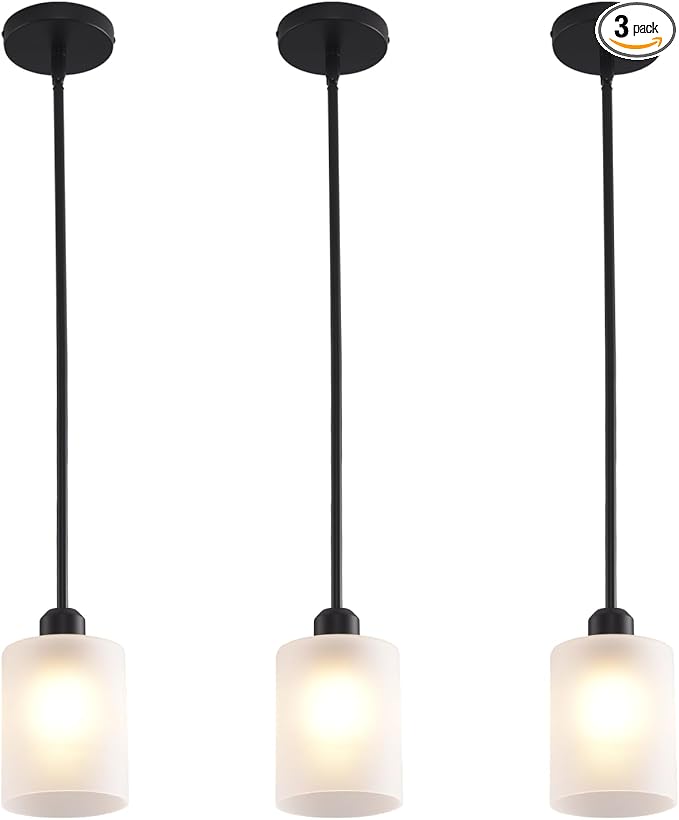3 Pack Pendant Light Kitchen Island Pendant Lighting, Hanging Light with Frosted Glass Shade, Black Modern Indoor Hanging Lamp
