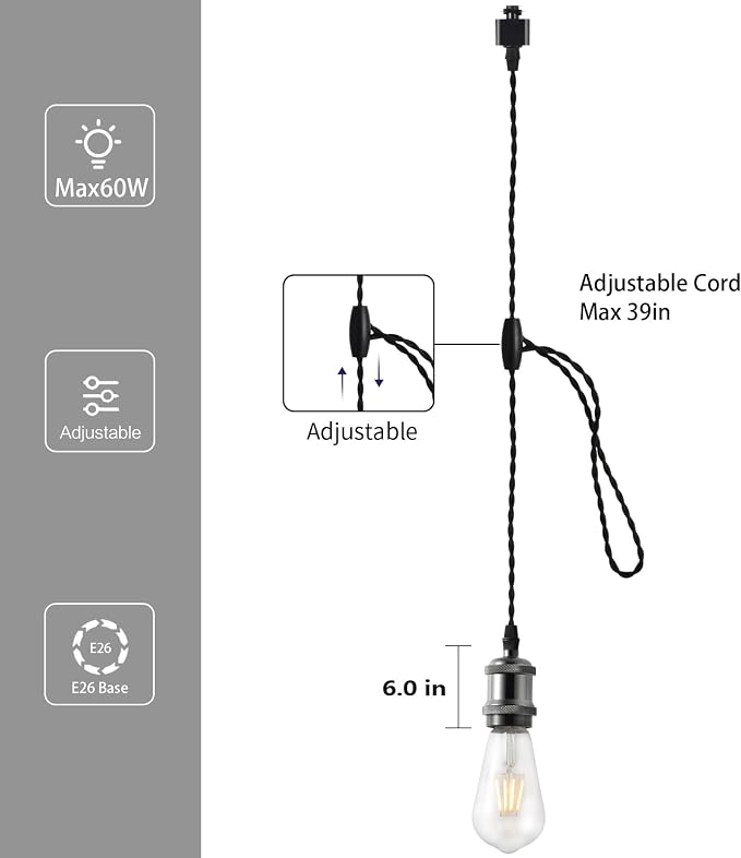 H Track Pendant Lights with Adjustable Cord, H Type Track Lighting Pendants Lights Fixtures with E26 Socket, Retro Vintage Style, Max Length 39.37 inch, Black 6 Pack(Bulbs Not Included)