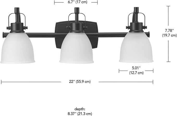 Globe Electric 52090 Gilroy 3-Light 25W Integrated LED Vanity Light with Selectable Color Temperature, Matte Black, Frosted Glass Shades, 1780 Lumens, 3000K-4000K-5000K Switch, Energy Star Certified