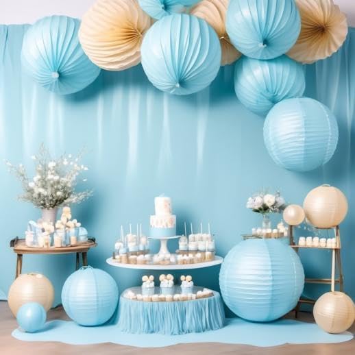 Pack Of 3 Round Paper Lanterns Lamp Wedding Birthday Party Decoration (Baby Blue, 14"/35CM)