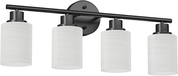 4-Light Bathroom Light Fixtures, Black Vanity Lights for Mirror with Textured Milky White Glass Shade, Modern Kitchen Light Fixtures Wall Sconce Light - E26 Base