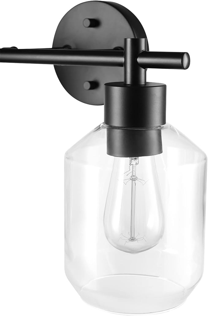 Globe Electric 3-Piece Powder Room Set, Matte Black, 2-Light Vanity with Clear Glass Shades and Matching Hardware, 51850