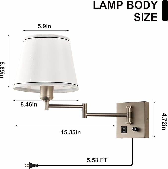 Swing Arm Wall Lamp with Type-C and USB Charging Port Wall Mounted Lamp with Dimmable Switch Plug in Wall Sconces White Fabric Shade Perfect for Bedside Living Room Reading Nook Office Satin Nickel