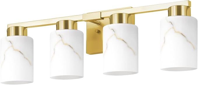 4-Light Bathroom Light Fixtures, Modern Vanity Lights, Gold Metal Wall Lamp with White Marble Glass for Bathroom, Mirror, Living Room, Bedroom, Cabinet, Porch, Hallway, E26 Base