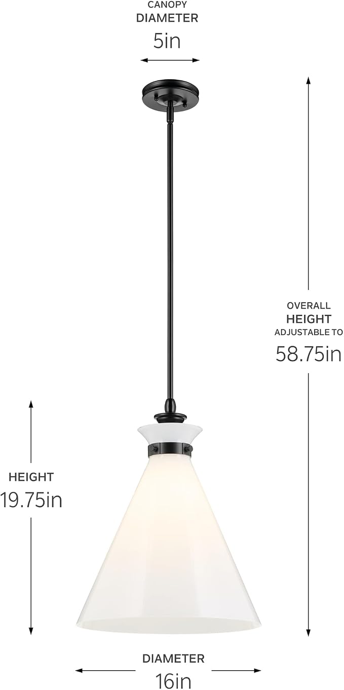 Kichler Laria Pendant Light, Opal Glass, Black | Updated traditional pendant light for kitchen islands and dining rooms (19.75" x 16"), 52775BK