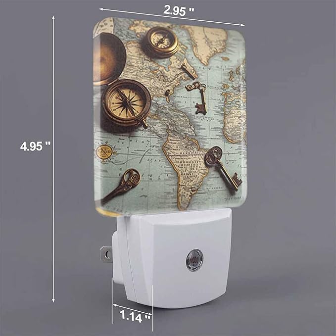 Pirate World Map Night Light Vintage Key Antique Compass Plug into Wall with Dusk to Dawn Light Sensors 0.5W Warm Nightlights for Bedroom Bathroom Hallway