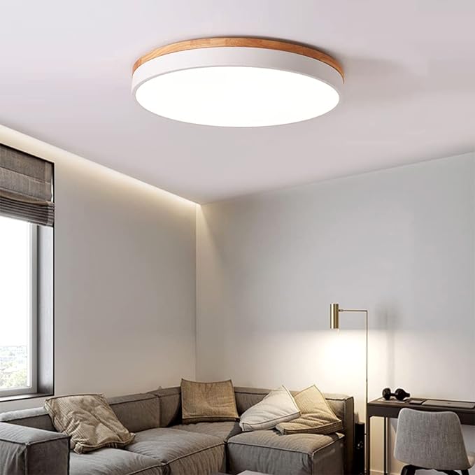 Yiisem Dimmable Wood LED Flush Mount Ceiling Light, White, 15.8 in | 5CCT 2700K-6000K Modern Close to Ceiling Lighting Fixtures, Round Ceiling Lamp for Living Room, Bedroom, Laundry Room