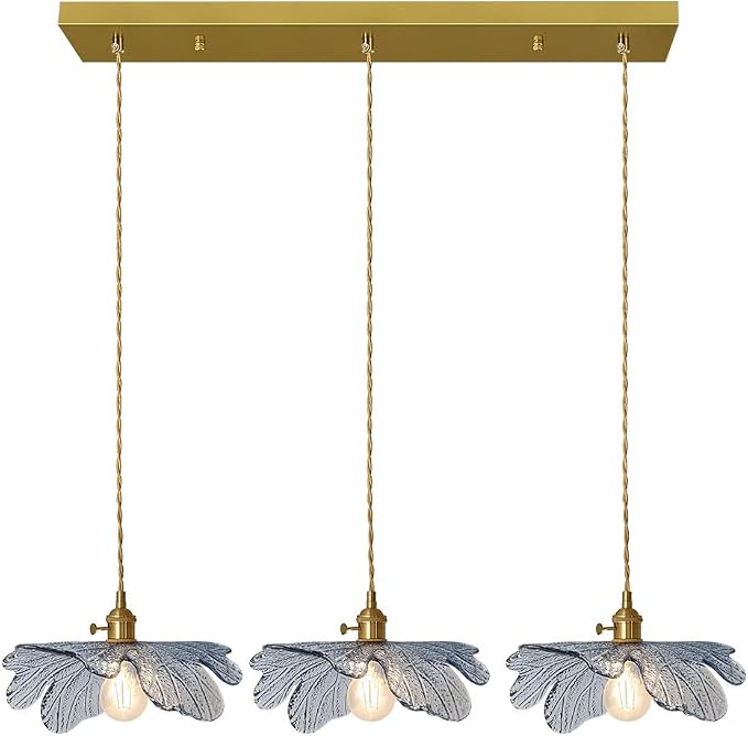3-Light Hand Blown Glass Chandelier, Blue Flower Glass Shade with Brushed Brass Gold Base, Adjustable Pendant Light Mid Century Vintage Farmhouse Hanging Lamp for Dining Room Kitchen Island