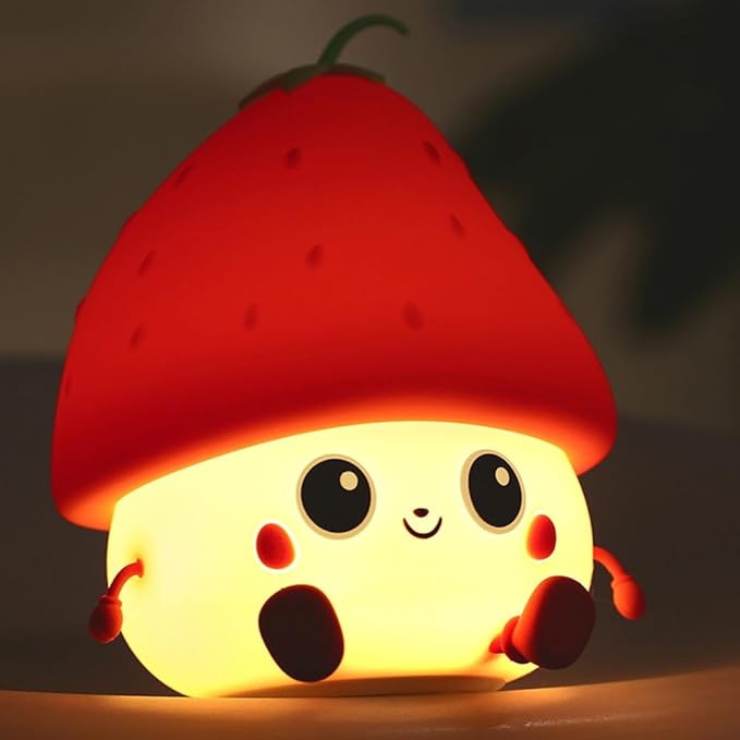 Strawberry Night Light, Cute Fruit Night Lamp for Kids Bedroom USB Rechargeable Lamps 2 Brightness Levels, Nursery Bedside Delay-Off Nightlight for Baby Toddler Boys Girls Birthday Christmas