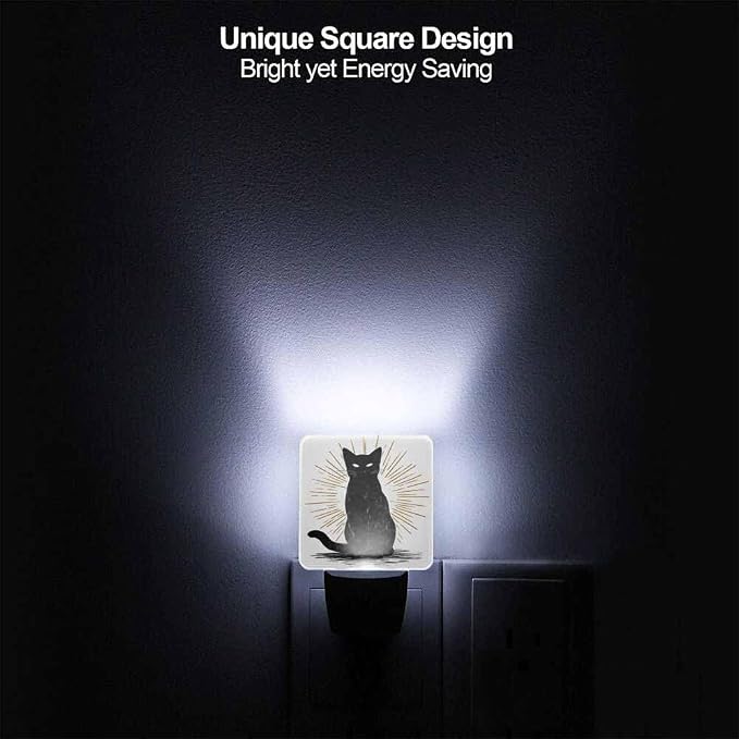 Cat LED Night Lights Plug into Wall Black Hand Drawn Halloween Icon 0.5W Plug in Night Light, Dusk to Dawn, Bright Nightlight Auto On/Off, for Room Bedroom Bathroom