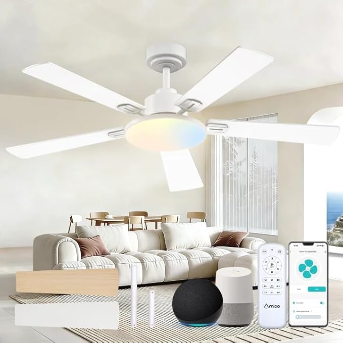Amico Ceiling Fans with Lights, 52 inch Smart Ceiling Fan with Remote/APP/Alexa Control, Downrod Mount, Reversible DC Motor, 5 Blades, 6 Speeds, 3CCT, Dimmable, Noiseless, Bedroom, Living Room, White