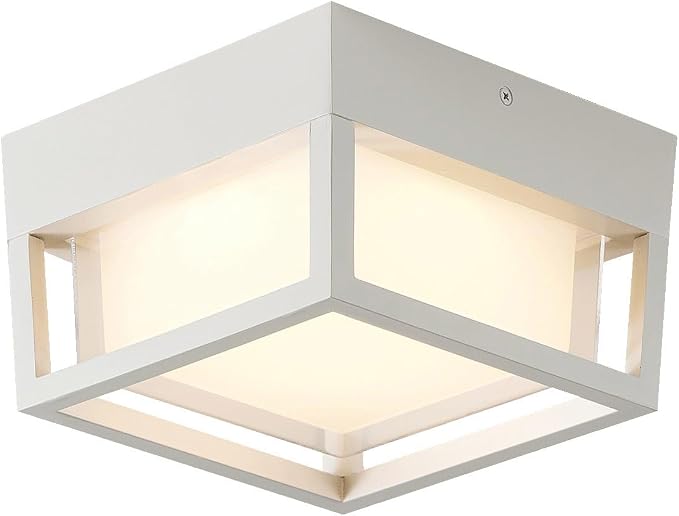 Small Outdoor Flush Mount LED Ceiling Light Exterior Porch Light Ceiling Mounted for Patio Balcony Terrace, 3000K Warm, 125w Equivalent, White, 6.3”x6.3”x4.3”