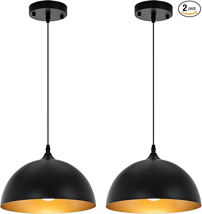 Farmhouse Pendant Lighting for Kitchen Island,Black and Gold Dome Pendant Light Fixtures, Industrial Hanging Ceiling Light for Dining Room Foyer Cafe Kitchen Sink,2 Pack