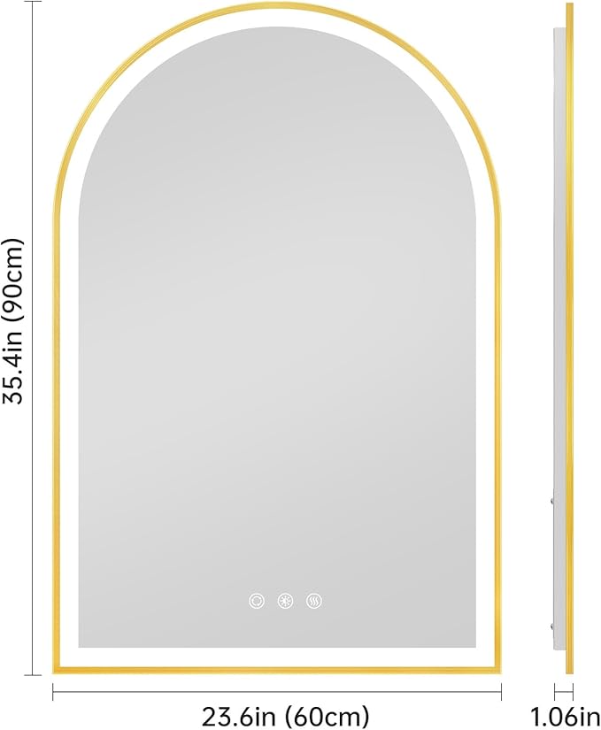 24"x36" Arched LED Mirror for Bathroom, Brushed Gold Lighted Bathroom Mirror with Lights, Fogless, Dimmable, Shatterproof, Touch Sensor, 3 Color Changing