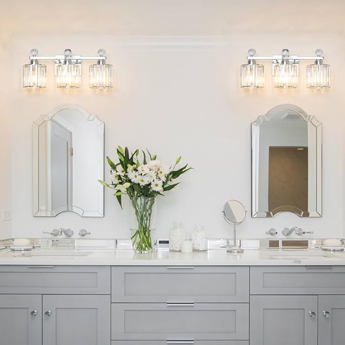 Modern Crystal Bathroom Vanity Light, 3-Lights Bathroom Light Fixtures, Chrome Vanity Light Fixtures over Mirror, Easy Installation & Dimmable Lighting, Crystal Wall Light Fixtures for Bathroom