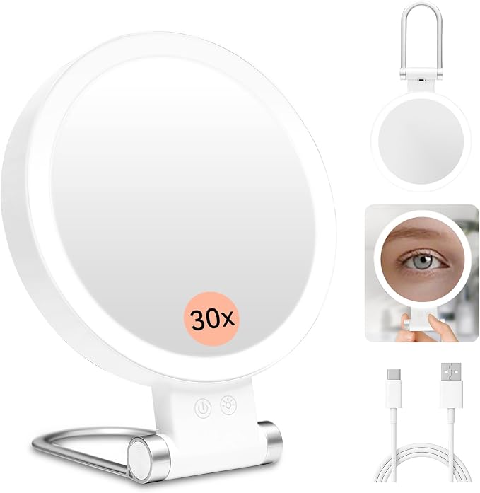 Makeup Mirror with Lights, Magnifying Mirror 1X/30X with Adjustable 3 Color Light, Double Side Control, 2000mAh Rechargeable, Lighted Makeup Mirror with Magnification, Smart Memory, Gift for Women