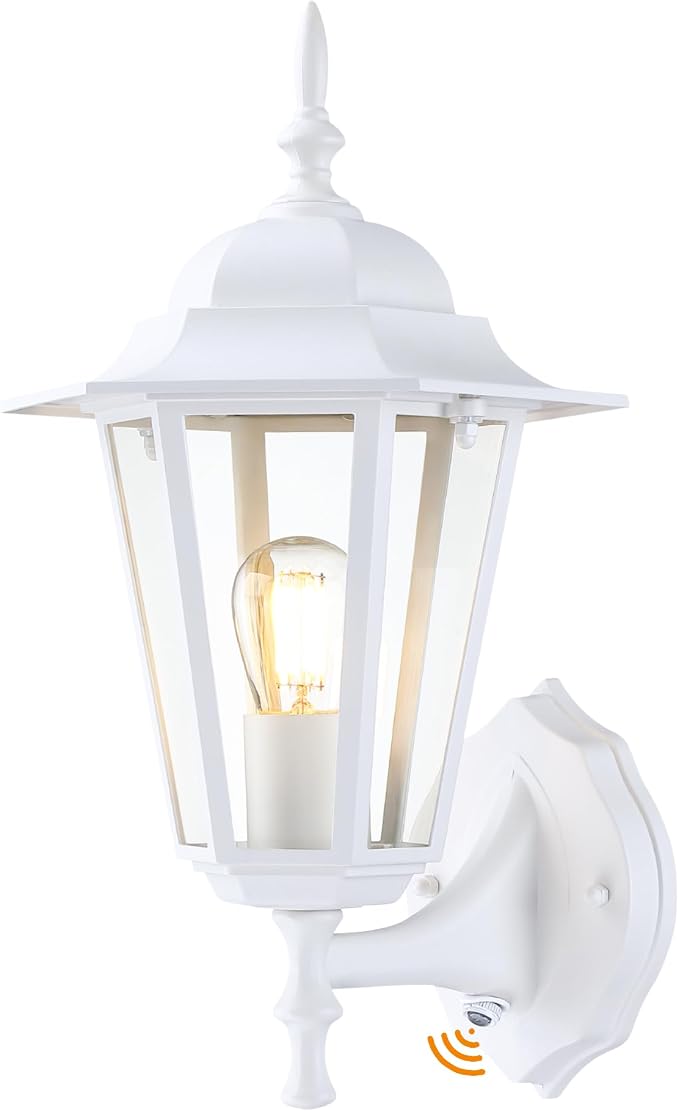 GRUENLICH Outdoor Wall Light Fixture, Rustproof Aluminum, Glass | Dusk to Dawn Exterior Porch Light Wall Sconce Lantern for House, Patio, Garage, Waterproof, E26 Socket 60W Max, White, 1 Pack