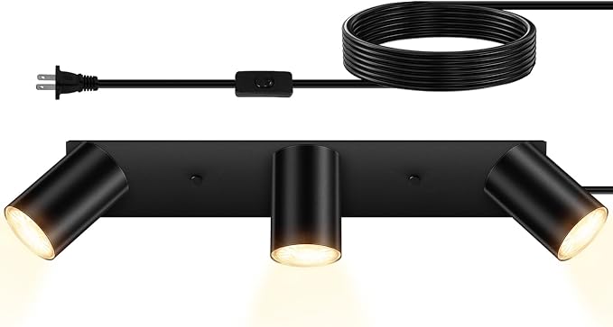 LED Track Lighting Ceiling Fixtures, Black 3-Light Plug in Track Lights for Kitchen, 3 Way Ceiling Spotlight, 15 FT Cord,Flexibly Rotatable Wall Mount Light Head for Bedroom Hallway