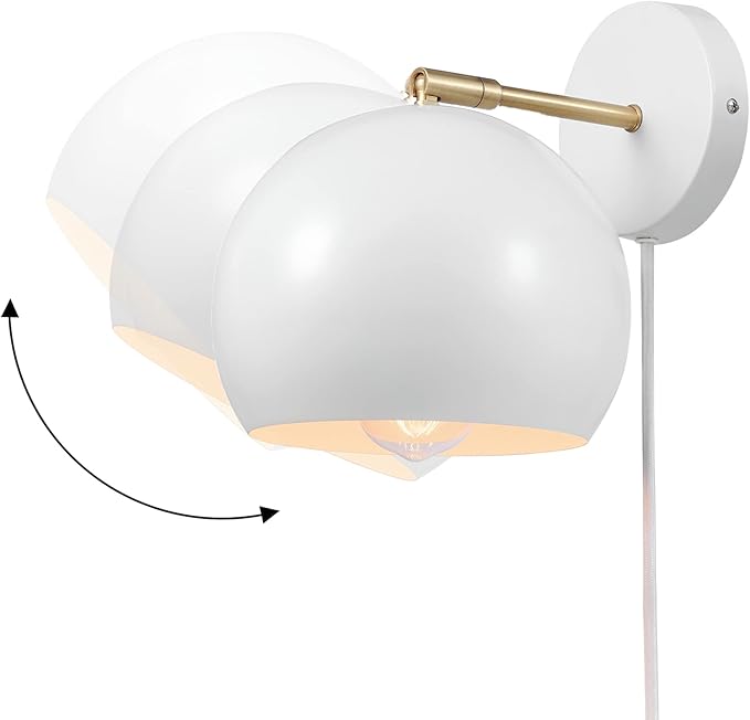 Globe Electric 52077 1-Light Plug-in or Hardwire Wall Sconce, Matte White, Brass Accent Arm, Modern Wall Light for Apartments or Renters, Bedroom, Dining or Living Room Lighting, Home Decor