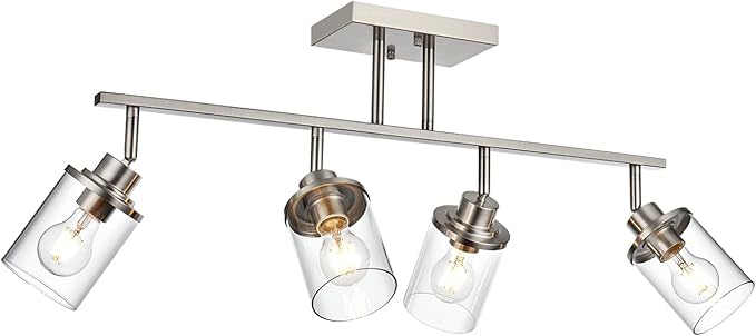 Yaohong 4-Light Track Lighting Kit Brushed Nickel Track Lighting Fixtures, Bathroom Wall Light Ceiling Mount Rotatable Spotlights, Kitchen Ceiling Light Fixtures with Glass Shade for Bathroom Hallway