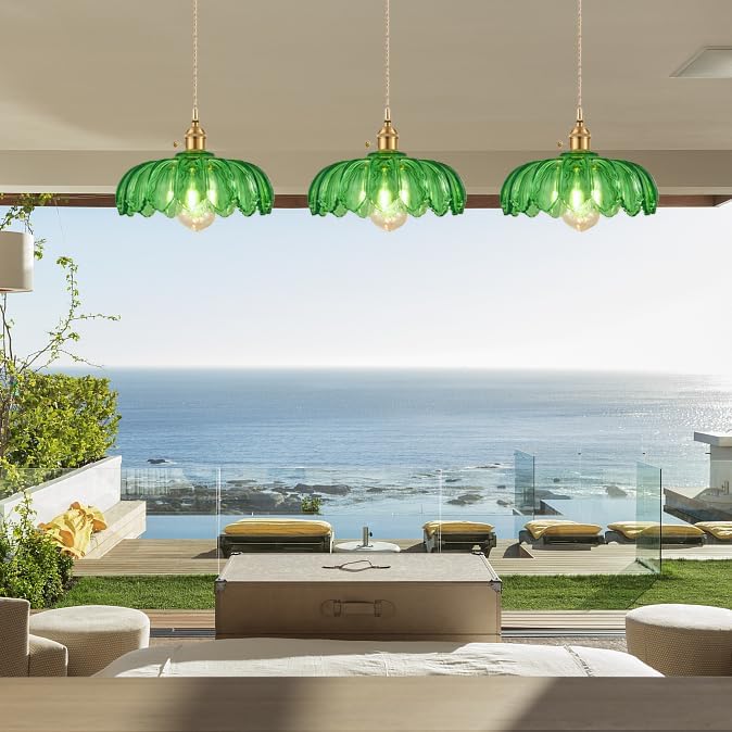Grass Green Glass Pendant Light Fixtures Medium 9.8 Inches Lampshade Gold Brass Finish and Switch Vintage Pendant Ceiling Lamp Copper Pendant Lighting (Grass Green)