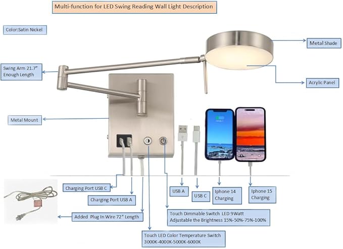 HomeFocus Swing Arm Wall Light,Bedside LED Reading Wall Light with USB Charging,Multi-Function Wall Lamp,Bedside Dimmable Wall Sconces,Adjustable LED Color and Brightness,Metal,Satin Nickel.