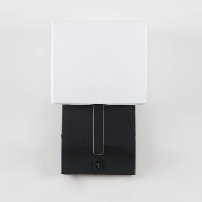 PERMO Single Wall Sconce Black Finish Light Fixture with White Textile Shades and On/Off Switch Button Small Modern Nightstand Lamps for Bedrooms Bedside Reading