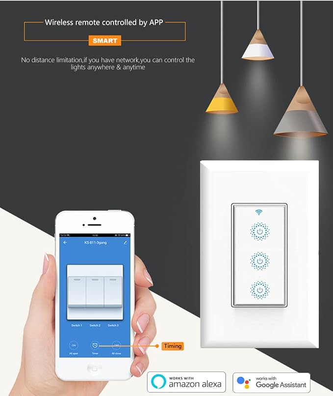 Nexete Smart Triple Light Switch, Remote Voice Control, Compatible with Alexa & Google Assistant, Neutral Wire Required (1-Pack)