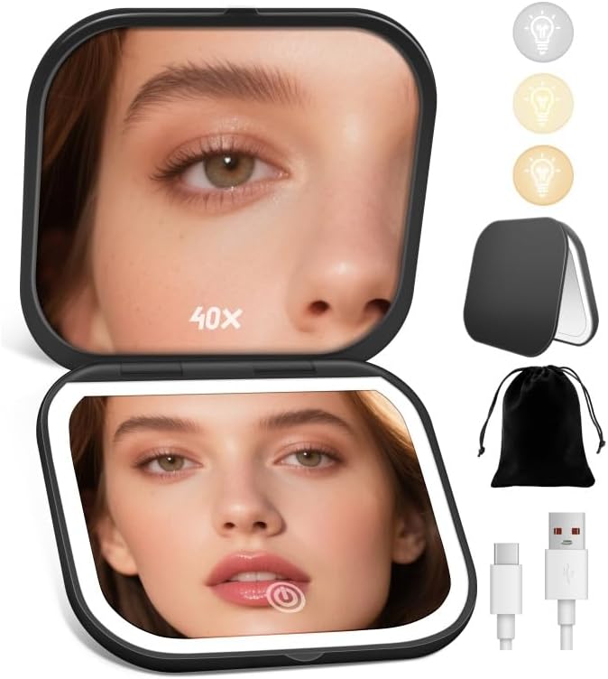 Magnifying Mirror with Light, Rechargeable 40X Compact Mirror with 3 Lighting Modes & Dimmable Brightness, Portable Travel Makeup Mirror with Light, Essentials for Travel, Pocket Purse Black