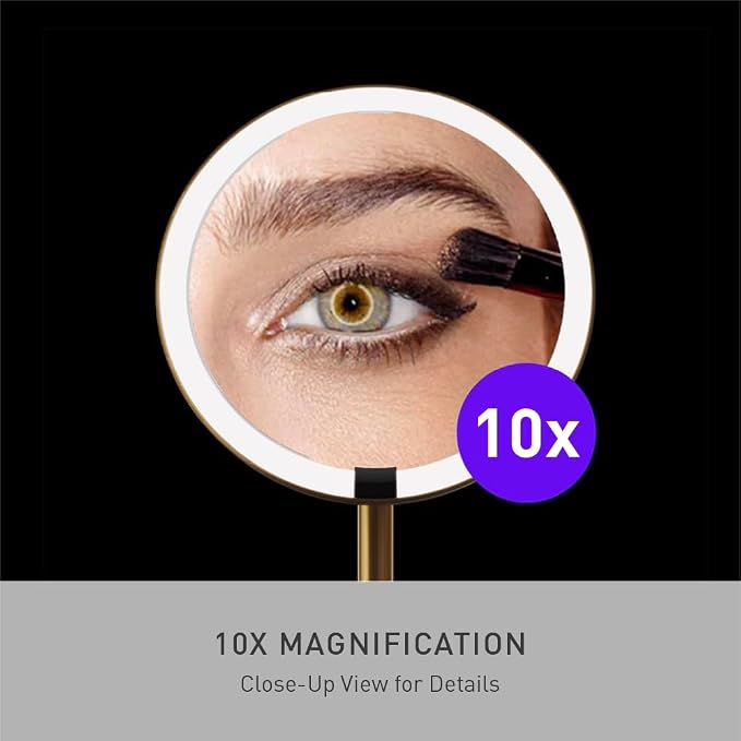 simplehuman Sensor Mirror Fold, 5'' with 10X Magnification, Round Rechargeable Travel Makeup Mirror, Tru-Lux® Full-Spectrum Light, Adjustable Brightness & Height, Brass Steel