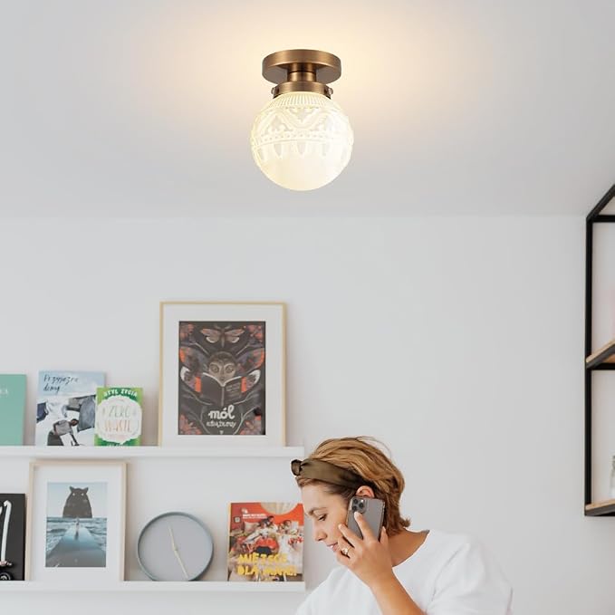 Daunton Semi Flush Mount Ceiling Light, Modern Globe Milk Glass Ceiling Light Fixture, Vintage Small Brass Gold Hallway Light Fixtures for Kitchen, Entryway, Bathroom, Clos