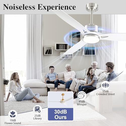 52 Inch Ceiling Fans with Lights and Remote Control - Outdoor Indoor Flush Mount Low Profile Silver White Ceiling Fans for Living Room,Bedroom,Patio