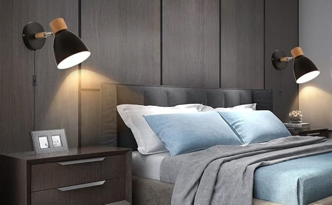 Wall Sconces Plug in, Swing Arm Wall Lamp with Power Cord, Black Plug in Wall Lighting Fixtures Set of Two, Bedside Wall Mounted Reading Lamp with Switch, for Bedside Bedroom Hallway