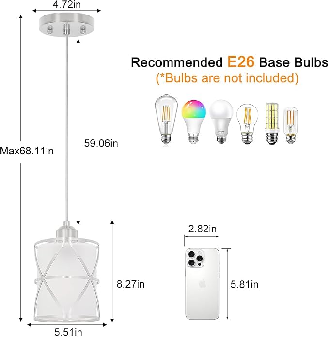 2 Pack Brushed Nickel Pendant Lights for Kitchen Island, Pendant Lights Kitchen Island with 5.51in Frosted Glass Shade, Adjustable Modern Hanging Lights - 59.06 Inch Cord for Dining Room, Entryway