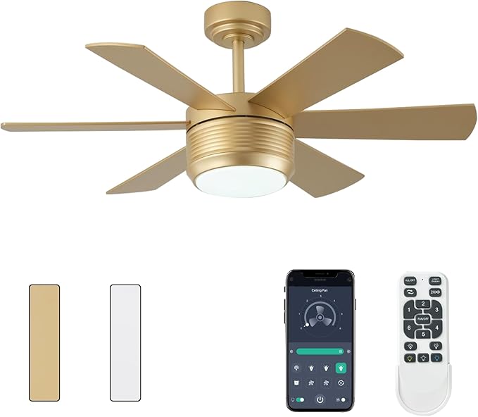 SHOWDI Ceiling Fan with Lights and Remote, 6 Blade App Control Timer Reversible Stepless Brightness and Color Temperature Outdoor Wood Ceiling Fan with Lights (Gold, 42 Inch)