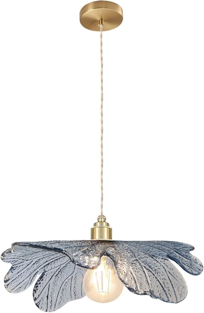 Modern Blue Glass Hanging Lighting 1-Light 15.7" Large Ceiling Pendant Light Art Decor Lampshade Modern Gold Brass Hanging Light for Kitchen Island Bedroom Dining Room