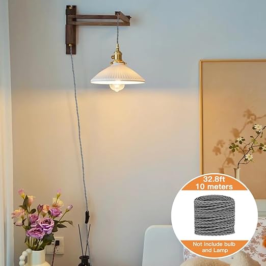 Helunsi Twisted Cloth Covered Wire, 32.8ft Grey 18/2 Fabric Covered Electrical Wire, 18 Gauge 2-Conductor Vintage Lamp Cord, for DIY Projects