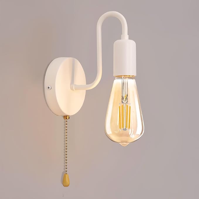 Hardwired Pull Chain Wall Sconce White, 1-Light Wall Light Fixture with On Off Switch, Small Vintage Metal Wall Lamp Indoor for Bedroom Kitchen, Bulb Not Included