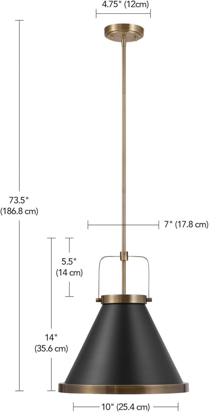 GLOBE Electric x Novogratz 65844 1-Light Pendant Light Fixture, Matte Black, Brass Accents, Living Room Pendant Light, Dining Room Fixture, Kitchen Island Lighting, Hanging Lights for Bedroom