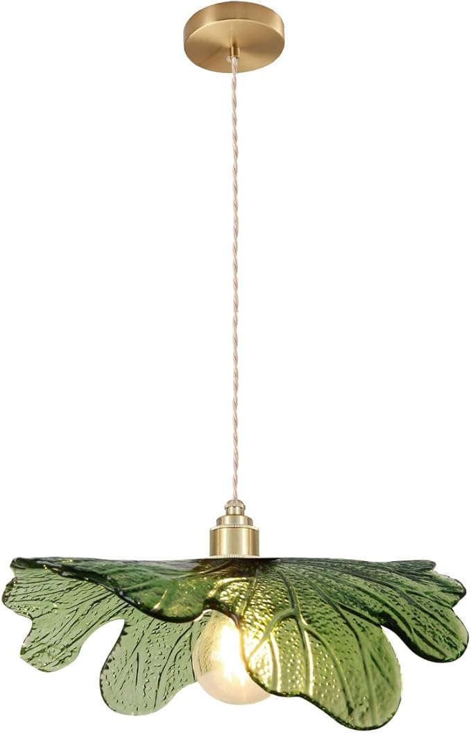 15.7" Green Glass Floral Ceiling Pendant Light Mid Century Large Hanging Light Gold Adjustable Cord Single Pendant for Kitchen Living Room Dining Table, Flower Petal Lighting