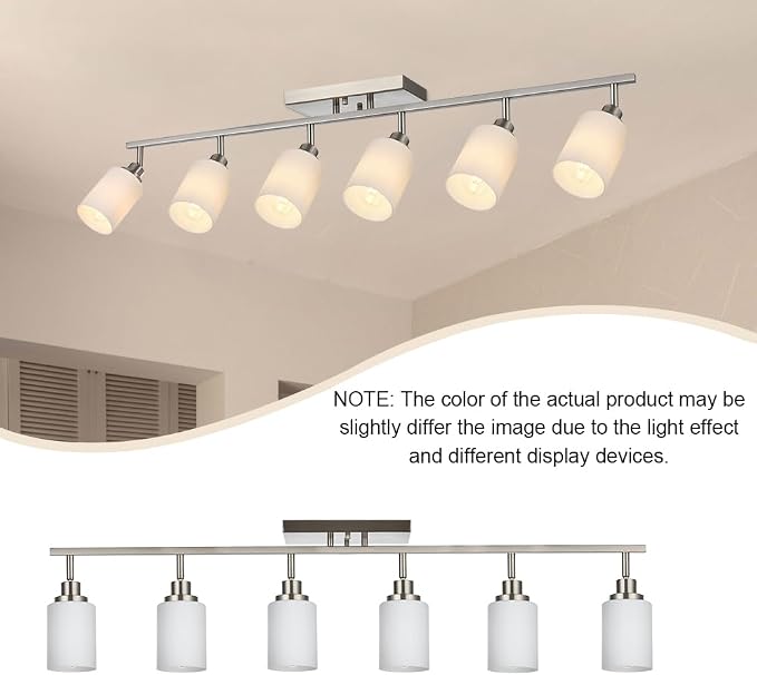 6-Lights Track Lighting Ceiling, Ceiling Spotlight Fixtures Brushed Nickel Bathroom Vanity Lighting with Opal White Glass, E26 Bulb Base