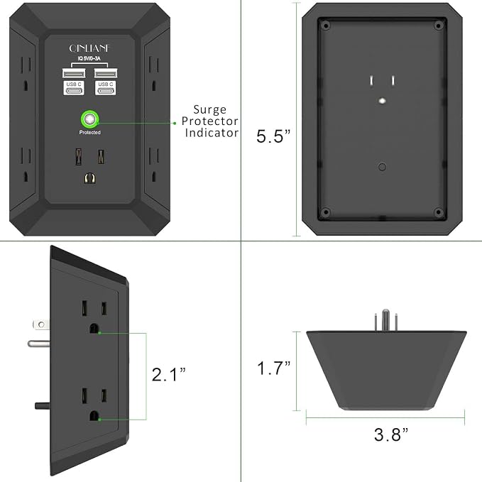 USB Wall Charger, Surge Protector, QINLIANF 5 Outlet Extender with 4 USB Charging Ports(2U2C) 3-Sided 1680J Power Strip Multi Plug Outlets Wall Adapter Spaced for Home Travel Office,Black