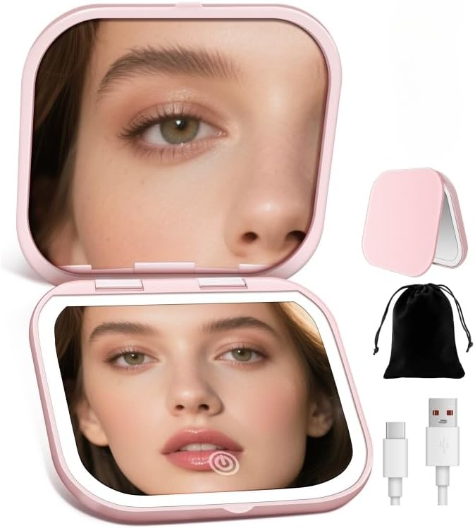 Magnifying Mirror with Light, Rechargeable 40X Compact Mirror with 3 Lighting Modes & Dimmable Brightness, Portable Travel Makeup Mirror with Light, Essentials for Travel, Pocket Purse Pink