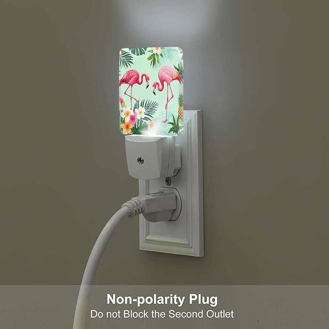 Pink Flamingos Night Light Tropical Flowers and Palm Leaves 0.5W Night Lights Auto LED Lamp Energy Saving Square Lights for Room Bedroom Bathroom