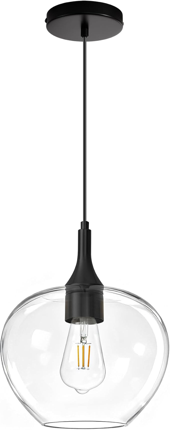 9.45in Black Pendant Lights Kitchen Island with Clear Glass Shade 1Pack | Handcrafted Glass Pendant Light Fixtures, UL Certified, E26 Base 100W Max, Height-Adjustable, Dimmable Hanging Pendant Light