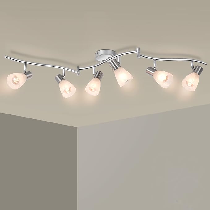 HiBay 6-Light Ceiling Light Fixture, Adjustable LED Track Lighting Kit, Modern Sliver Spotlight with Glass Shade for Kitchen Living Room Hallway, E12 Base (Bulbs Not Included)