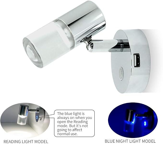 THALASSA 12V LED Reading Light with Blue Night Light + USB – RV Caravan Wall Sconce for Motorhome, Camper, Trailer Indoor Lighting