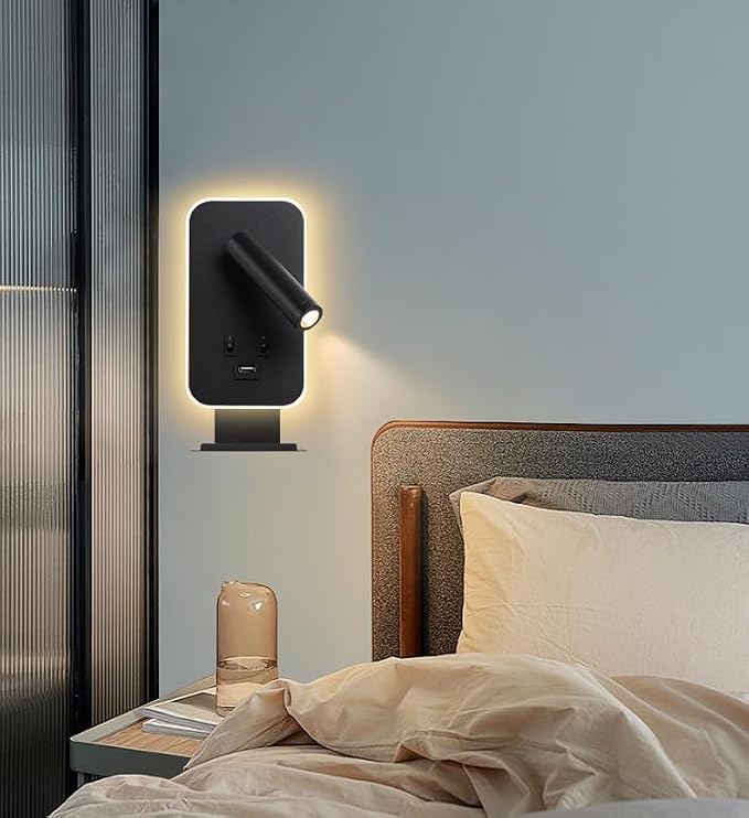 LED Wall Lamp Wall Mounted Reading Lights, Adjustable Headboard Plug in Wall Sconce with USB Ports, Headboard Bedside Lamp with 3W+9W Night Light 3000K, Bedroom ambiance Lighting, Black